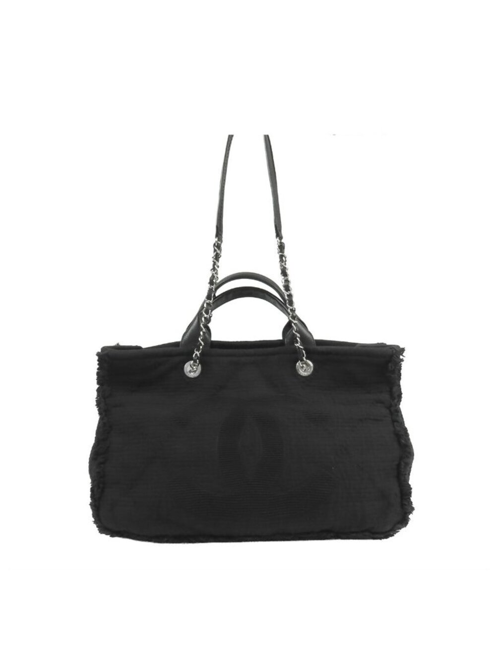 Chanel Tote Bag Black Silver Canvas Leather Large Shopping 2-Way CC Logo Fringe